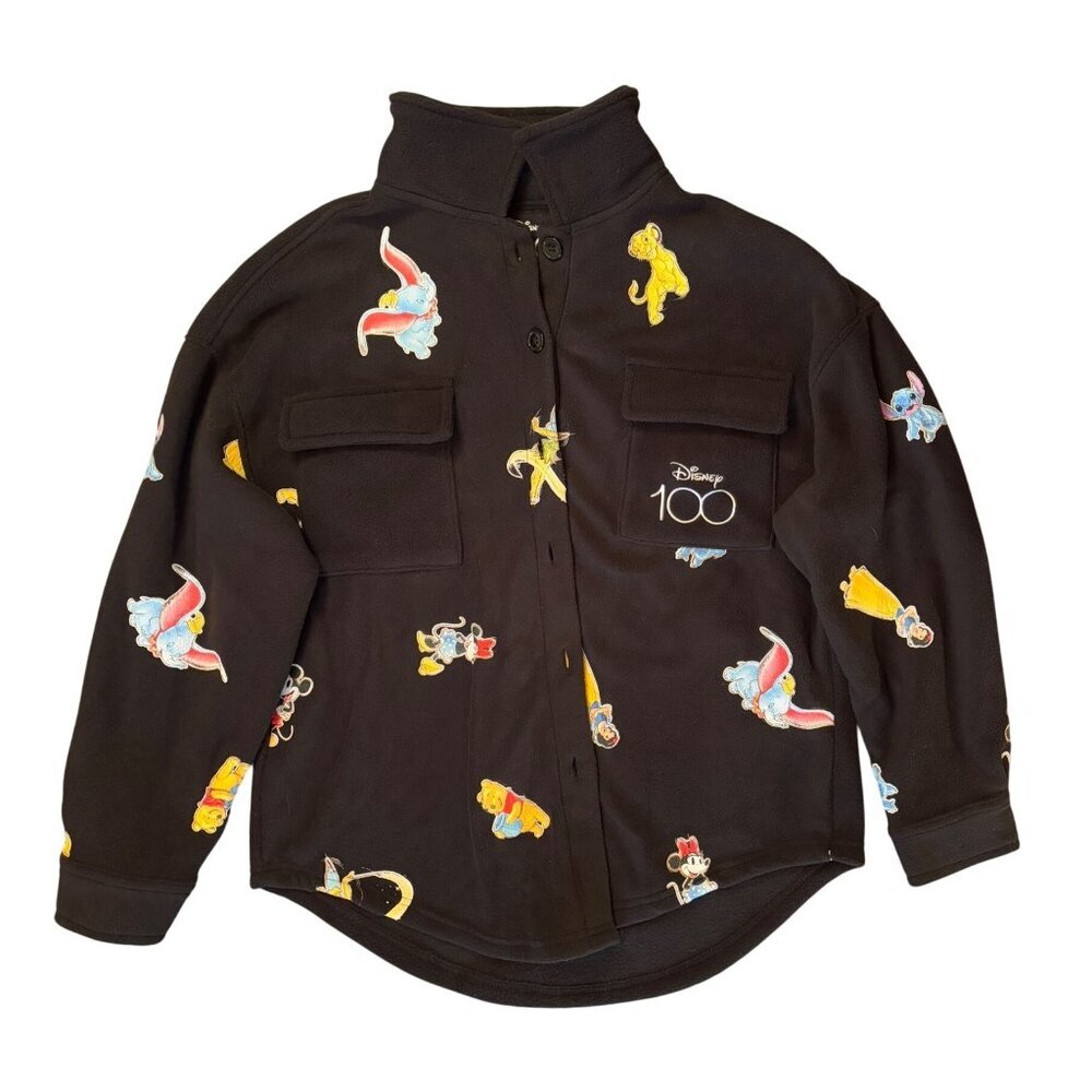 Womens Black Disney 100 Character Print Polyester Button Jacket Size M